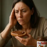 Žena s pohľadom zamyslenia nad riadkom Nutelly na chlebe.