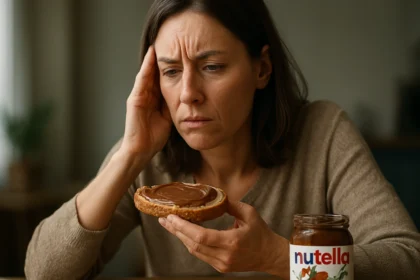 Žena s pohľadom zamyslenia nad riadkom Nutelly na chlebe.