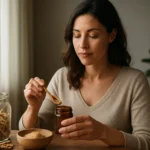 Žena pripravuje Shatavari prášok z koreňa Asparagus racemosus.