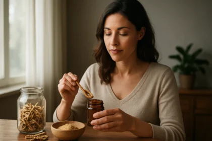 Žena pripravuje Shatavari prášok z koreňa Asparagus racemosus.
