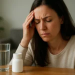 Žena s bolesťou hlavy sedí pred pohárom vody a fľašou lieku.