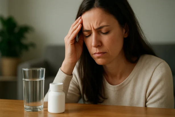 Žena s bolesťou hlavy sedí pred pohárom vody a fľašou lieku.