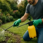 Muž strieka herbicíd na burinu v záhrade