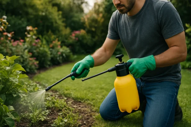 Muž strieka herbicíd na burinu v záhrade