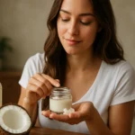 Žena používa kokosový olej na starostlivosť o pleť.