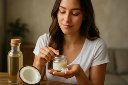 Žena používa kokosový olej na starostlivosť o pleť.