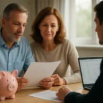 Pár diskutuje o dôchodkovom sporení s finančným poradcom.