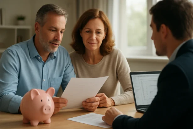 Pár diskutuje o dôchodkovom sporení s finančným poradcom.