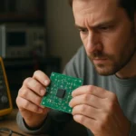 Muž skúma elektronický obvod s Schmittovým triggreom