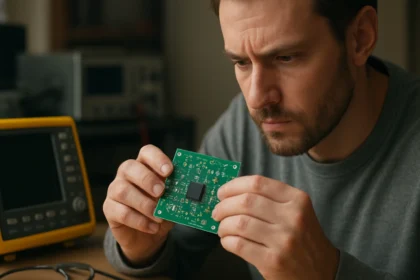 Muž skúma elektronický obvod s Schmittovým triggreom