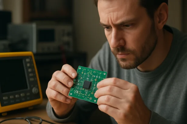 Muž skúma elektronický obvod s Schmittovým triggreom