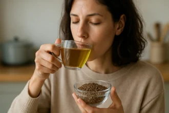 Žena vychutnávajúca si rascový čaj s rascou v miske