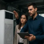 Dva profesionáli diskutujú o moderných systémoch úpravy vzduchu v priemysle.