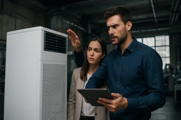 Dva profesionáli diskutujú o moderných systémoch úpravy vzduchu v priemysle.