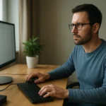 Muž pracujúci na počítači s obrazovkou a klávesnicou.