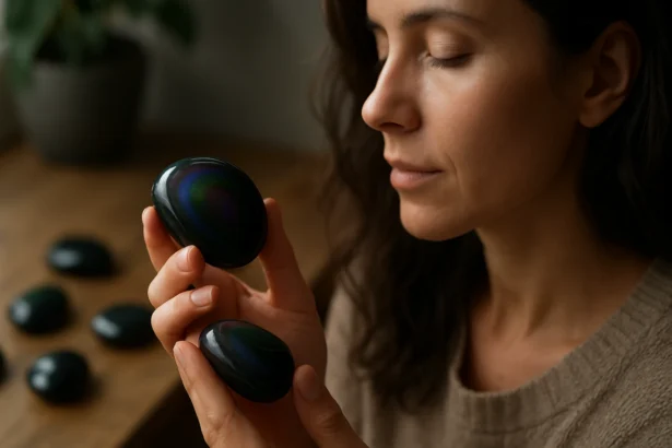 Žena drží dúhový obsidián a zažíva jeho pozitívne účinky.