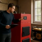 Muž kontroluje splyňovací kotol a generátor v domácnosti.