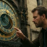 Detail orloja v Prahe s mužom skúmajúcim jeho mechaniku.