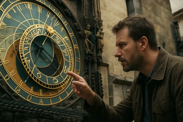 Detail orloja v Prahe s mužom skúmajúcim jeho mechaniku.