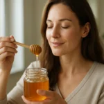 Žena si užíva medovú rosu, prírodnú zložku bohatú na antioxidanty.