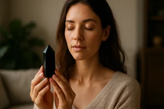 Žena meditujúca s čiernym ónyxovým kryštálom v ruke.