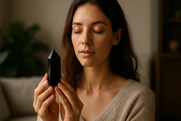 Žena meditujúca s čiernym ónyxovým kryštálom v ruke.