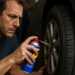 Muž používajúci WD-40 na pneumatiku vozidla