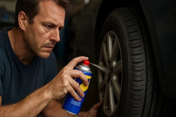 Muž používajúci WD-40 na pneumatiku vozidla