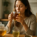 Žena vychutnáva čaj v domácej kuchyni, zdravý životný štýl