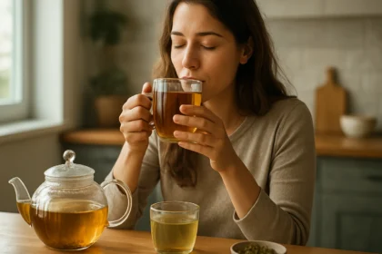 Žena vychutnáva čaj v domácej kuchyni, zdravý životný štýl