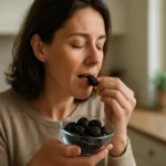 Žena vychutnáva sušené slivky v kuchyni.