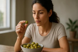 Žena s olivami v ruke, zamyslená nad ich výhodami pre zdravie.