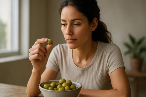Žena s olivami v ruke, zamyslená nad ich výhodami pre zdravie.