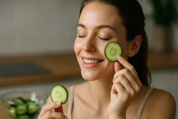 Žena s uhorkou na tvári pre krásnu pleť a hydratáciu