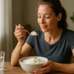 Žena vychutnáva tvaroh v miske s vodou vedľa seba.