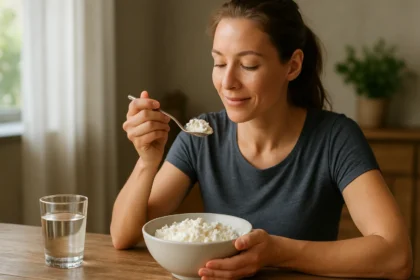 Žena vychutnáva tvaroh v miske s vodou vedľa seba.