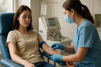 Žena daruje plazmu v zdravotníckom zariadení.