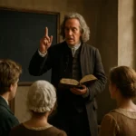 Vyučovanie v ére osvietenstva, kde učenec diskutuje o rozume a právach.