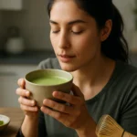 Žena užívajúca si čaj matcha v útulnej kuchyni.