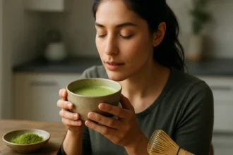 Žena užívajúca si čaj matcha v útulnej kuchyni.