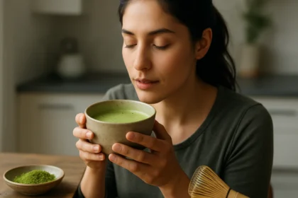 Žena užívajúca si čaj matcha v útulnej kuchyni.