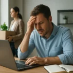 Muž prežívajúci stres počas zmien v kariére pri počítači.