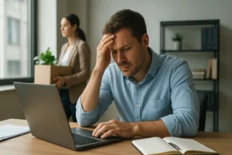 Muž prežívajúci stres počas zmien v kariére pri počítači.