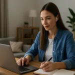 Mladá žena pracujúca z domu s notebookom a zápisníkom na stole