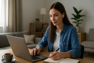 Mladá žena pracujúca z domu s notebookom a zápisníkom na stole