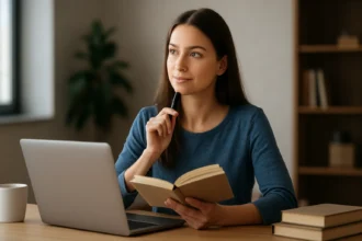 Žena premýšľa nad kariérnymi krokmi s poznámkovým blokom a laptopom.