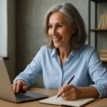 Usmievajúca sa žena nad 50 rokov pracuje s laptopom a poznámkovým blokom.