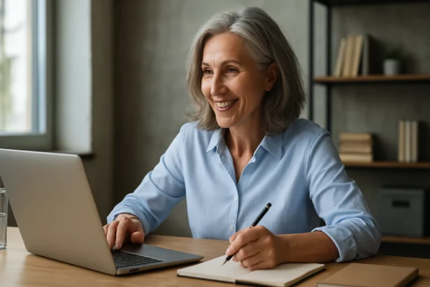 Usmievajúca sa žena nad 50 rokov pracuje s laptopom a poznámkovým blokom.