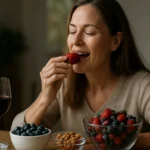 Žena vychutnáva čerstvé jahody a bobule s pohárom vína