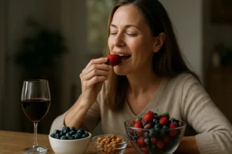 Žena vychutnáva čerstvé jahody a bobule s pohárom vína
